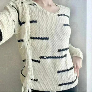 Lucky Brand Womens White Fringe Asymmetrical Western Boho Bohemian Sweater Small